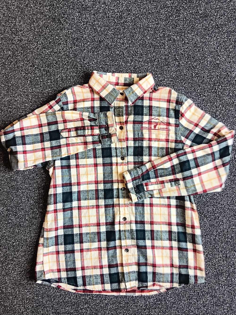 L.L. Bean Womens Red Green Plaid Long Sleeve Flannel Button Up, Landfill Logo, M